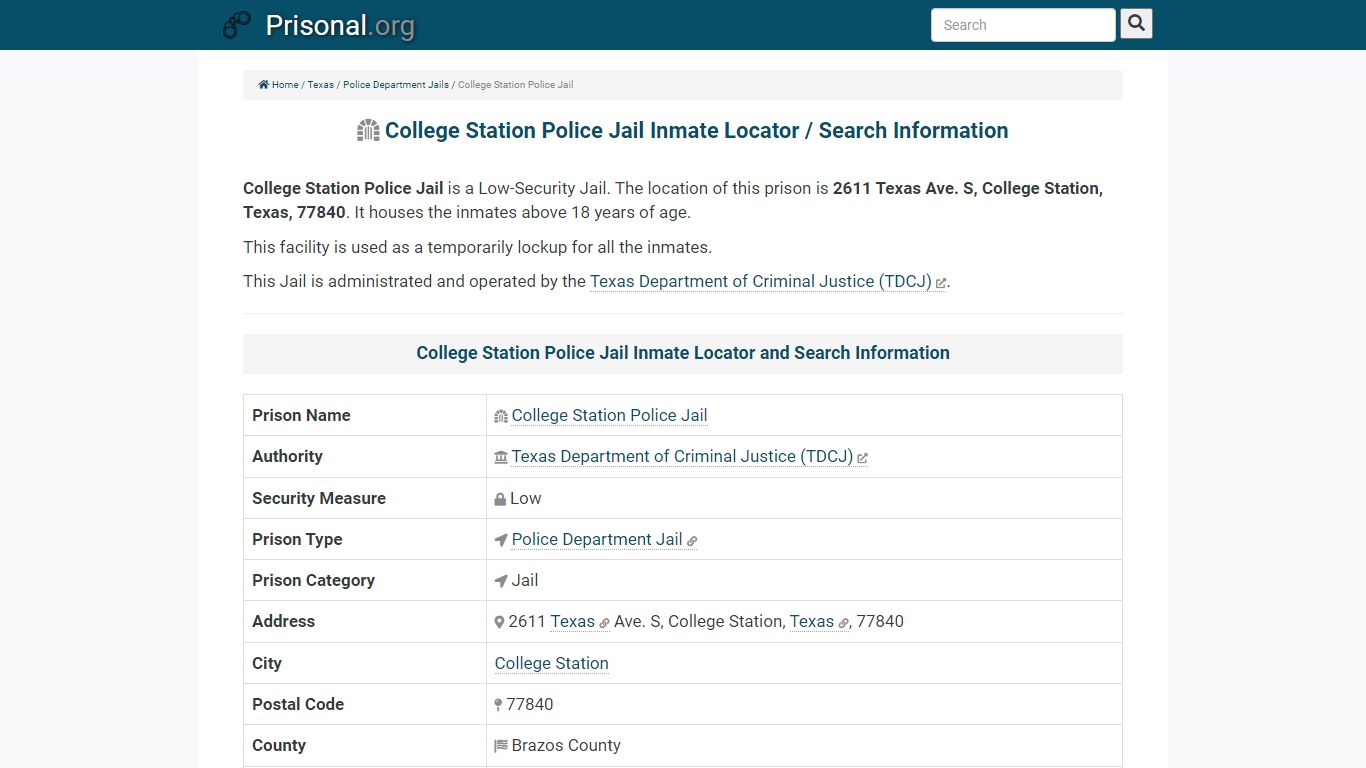 College Station Police Jail Inmate Locator / Search Information